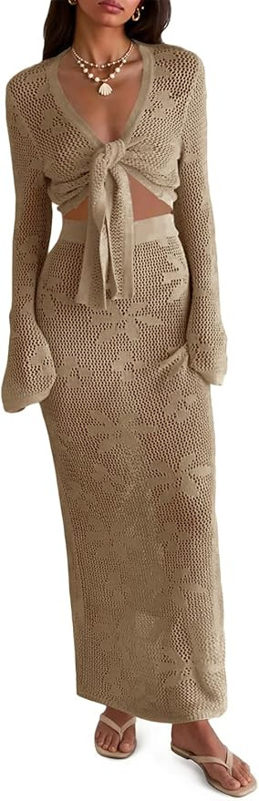 Saodimallsu Womens Crochet Swim Cover Up 2 Piece V Neck Long Sleeve Wrap Tie Crop Tops Beach Boho... | Amazon (US)