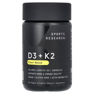 Sports Research D3 + K2, Plant-Based, 62.5 mcg/100 mcg, 60 Veggie Softgels | Target