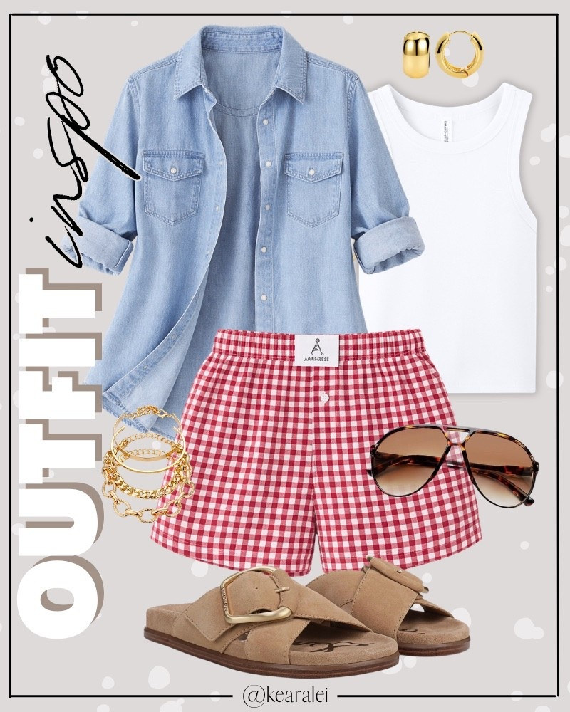 Summer outfits 2026 Memorial Day outfit Fourth of July outfits 4th of July patriotic red white and blue Independence Day outfits, oversized denim chambray button up shirt layered over white ribbed tank top, womens red plaid gingham boxer shorts ruffle pajama shorts 2026 summer spring lounge casual beach pj bottoms, Sam Edelman tan brown suede strap sandals gold buckle look for less, clicker huggies hoops earrings gold filled gold plated bracelets retro brown oversized aviator sunglasses summer outfits beach outfit vacation outfits resort wear swimsuit coverup cruise clothes || #amazon #outfit #summer #American #boxer #shorts #affordable 
.
.
.

Fitness Wear, Activewear, exercise outfit, workout leggings, sports bra, Lulu lemon, free people motion active athleisure Amazon fashion, teacher outfits, business casual, casual outfits, neutrals, street style, Midi skirt, Maxi Dress, Swimsuit, Bikini, Travel, skinny Jeans, Puffer Jackets, Concert Outfits, Cocktail Dresses, Sweater dress, Sweaters, cardigans Fleece Pullovers, hoodies, button-downs, Oversized Sweatshirts, Jeans, High Waisted Leggings, dresses, joggers, fall Fashion, winter fashion, leather jacket, Sherpa jackets, Deals, shacket, Plaid Shirt Jackets, apple watch bands, lounge set, Date Night Outfits, Vacation outfits, Mom jeans, shorts, sunglasses, Disney outfits, Romper, jumpsuit, Airport outfits, biker shorts, Weekender bag, plus size fashion, Stanley cup tumbler Target, Abercrombie and fitch, Amazon, Shein, Nordstrom, H&M, forever 21, forever21, Walmart, asos, Nordstrom rack, Nike, adidas, Vans, Quay, Tarte, Sephora, lululemon, free people, j crew jcrew factory, old navy

#LTKootd #LTKSeasonal #LTKSaleAlert