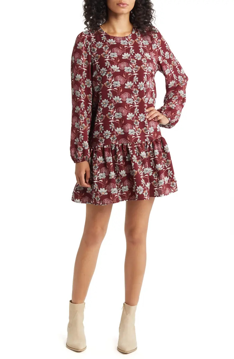Floral Print Long Sleeve Drop Waist Minidress | Nordstrom