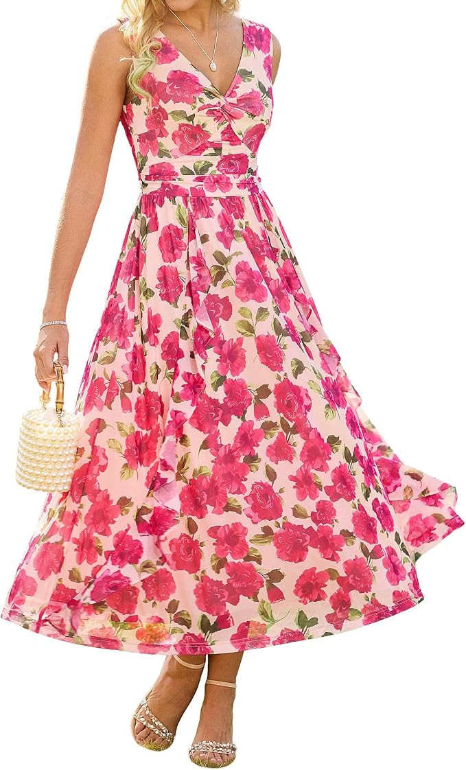 GRACE KARIN Summer Dresses for Women UK, Sleeveless V Neck Floral Wedding Guest Dress, Casual Swi... | Amazon (UK)