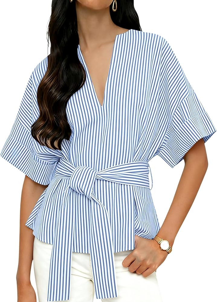 Yidarer Women's Summer Striped Shirts V Neck Short Sleeve Tie Knot Front Tops 2026 Casual Blouse | Amazon (US)