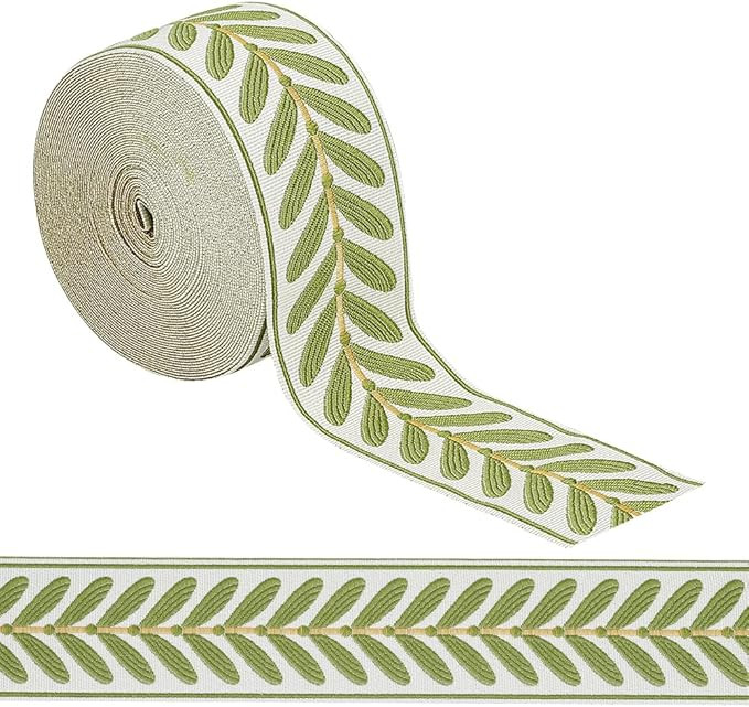 OLYCRAFT 10.9Yards Jacquard Ribbon Trim 2.4 Inch Leaf Pattern Jacquard Polyester Ribbons White Gr... | Amazon (US)