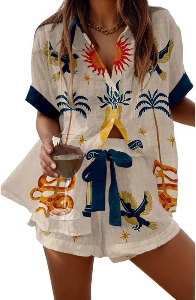 Women's Vacation Beach Two Piece Outfits Casual Floral Button Down Shirt Tops and Drawstring Shor... | Amazon (US)