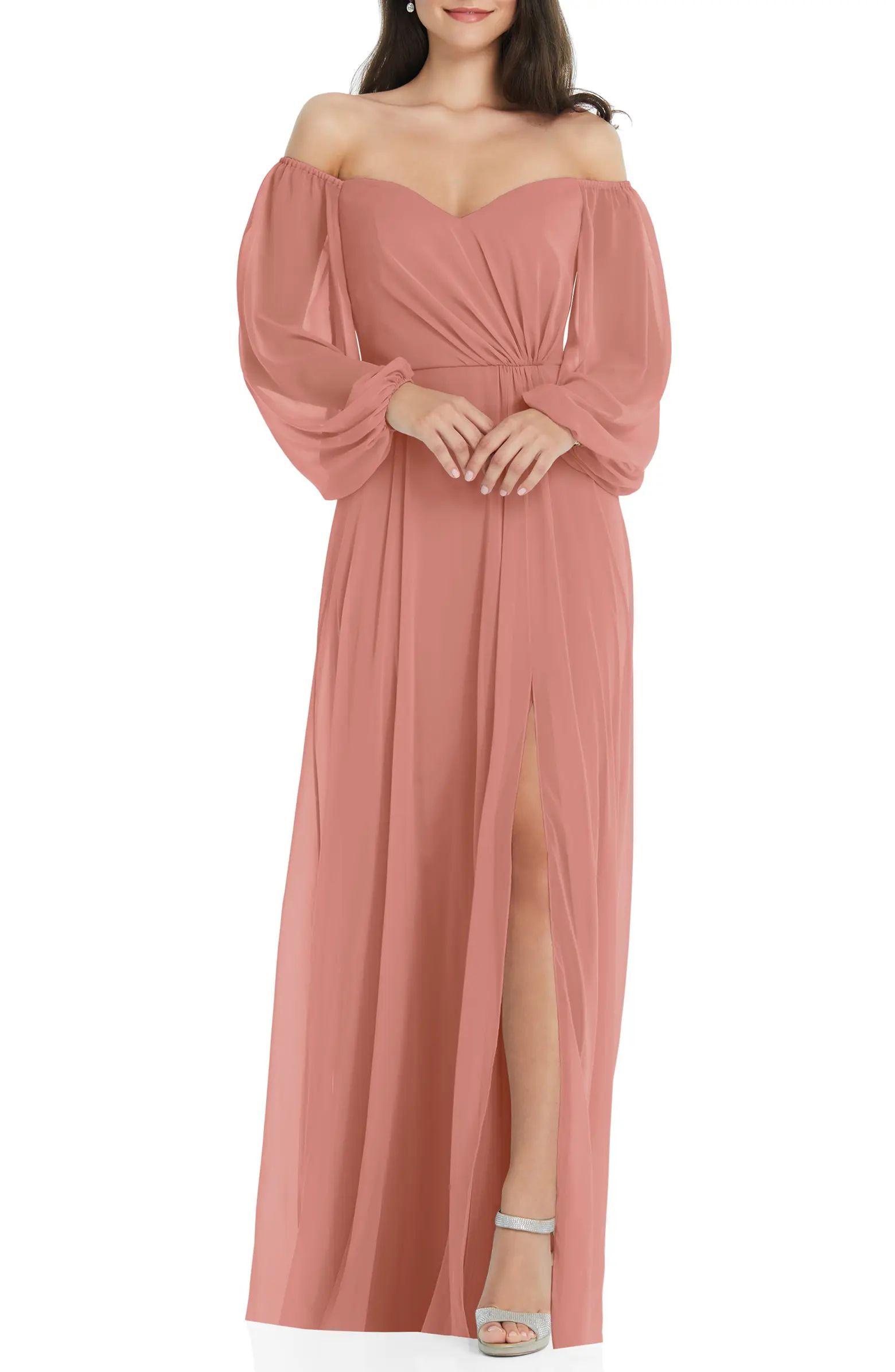 Convertible Neck Long Sleeve Chiffon Gown | Nordstrom