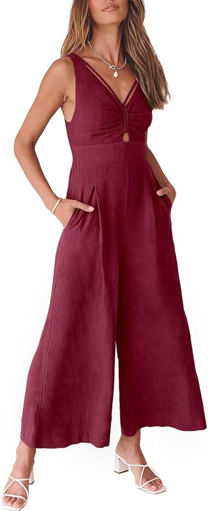 ANRABESS Women's Summer Wide Leg Linen Jumpsuits Dressy V Neck Sleeveless Casual Pants Rompers 20... | Amazon (US)