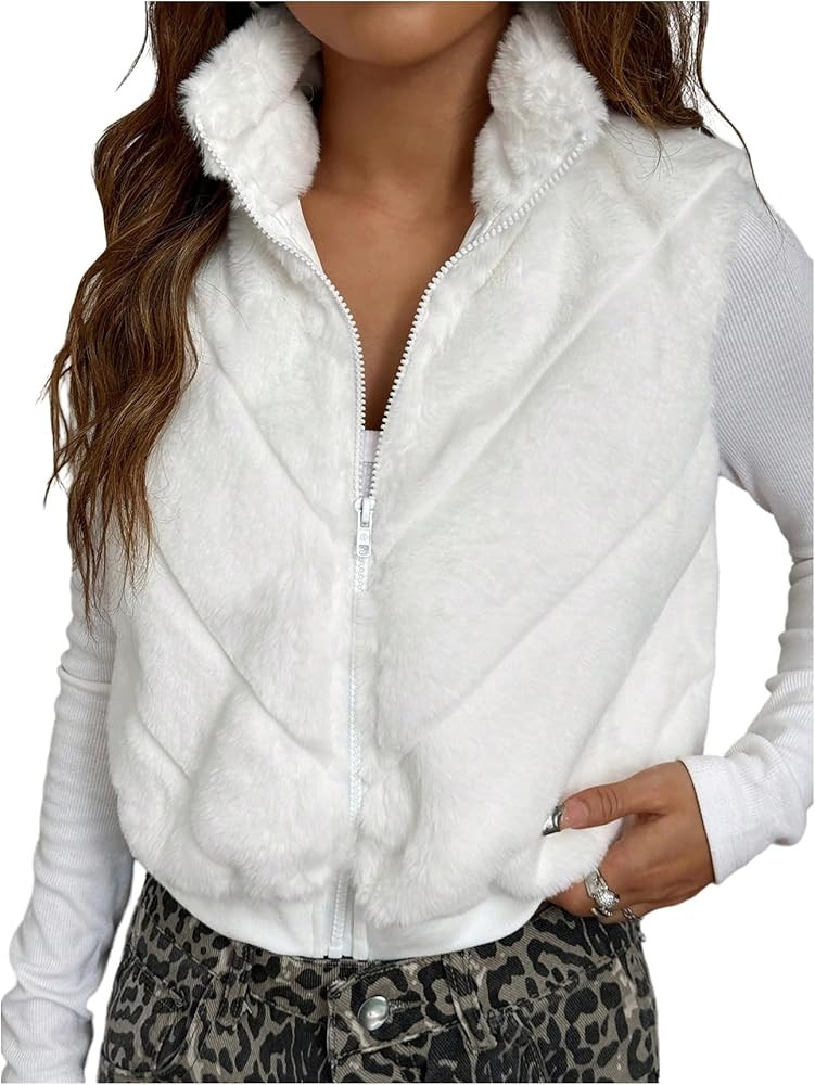 MakeMeChic Women's Fuzzy Zip Up Vest Crop High Neck Sleeveless Jacket Outerwear | Amazon (US)