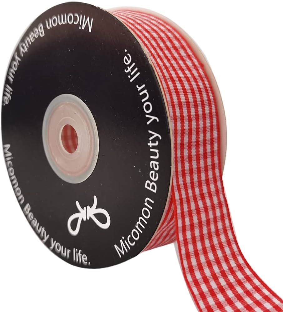 Micomon 1 Inch Red and White Woven Edge Gingham Ribbon 25 Yards Each Roll 100% Polyester (1", red... | Amazon (US)
