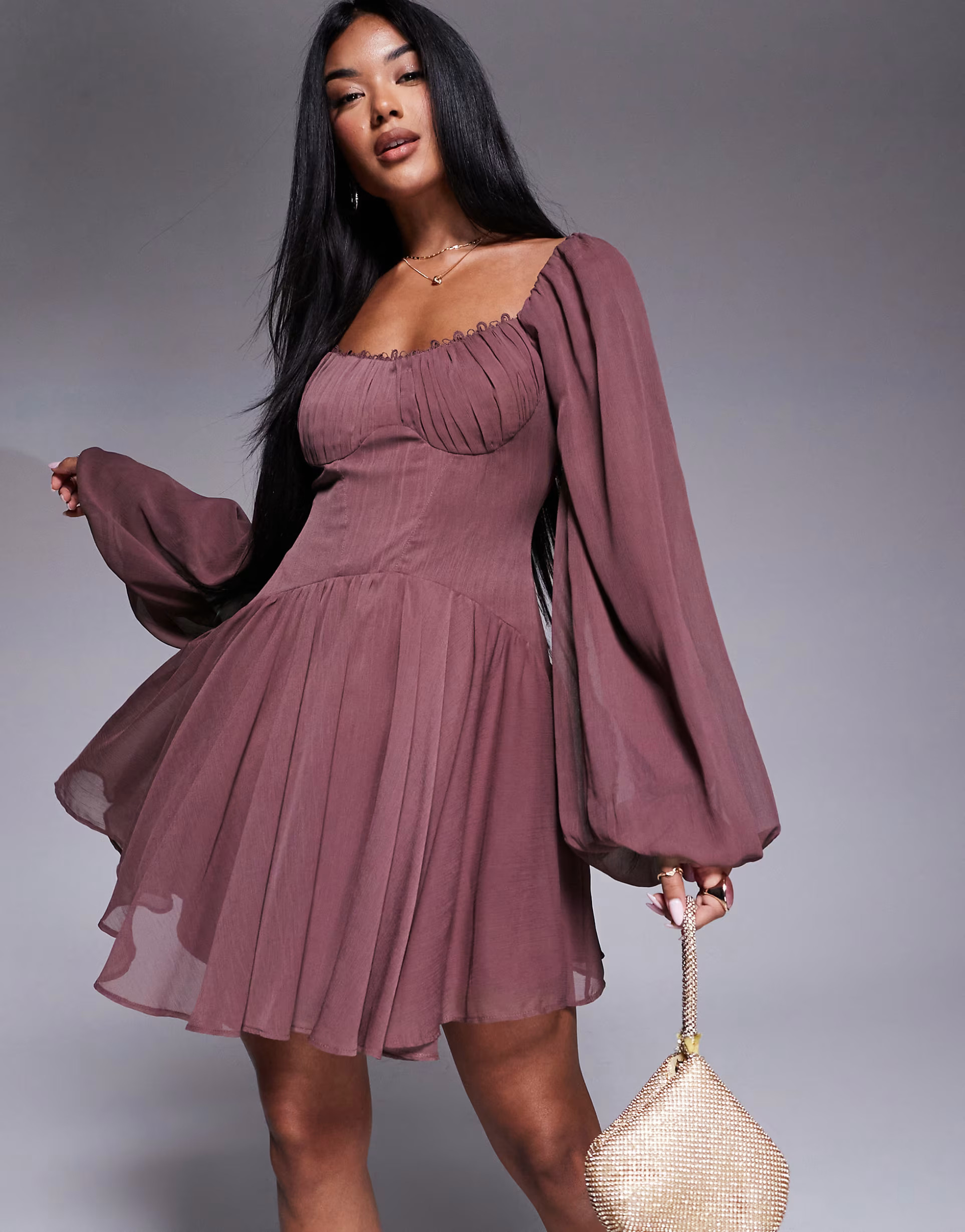 ASOS DESIGN puff sleeve chiffon lace up mini skater dress in berry | ASOS (Global)