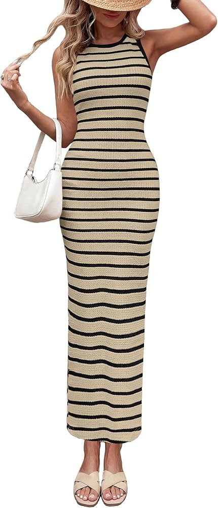 PRETTYGARDEN Sundresses for Women 2026 Summer Striped Knit Side Slit Spring Fashion Bodycon Maxi ... | Amazon (US)