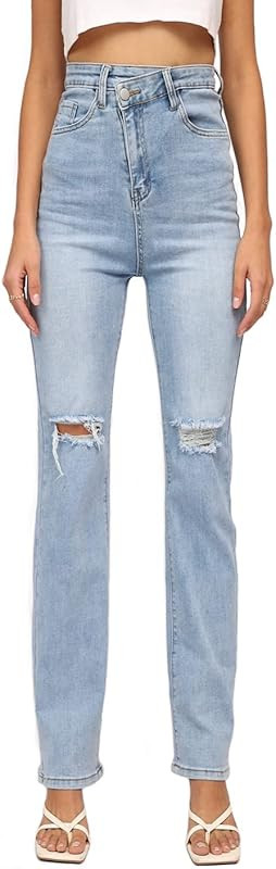 BZOF Women’s Ripped Jeans Stretchy 90s High Waist Crossover Distressed Denim Jean | Amazon (US)
