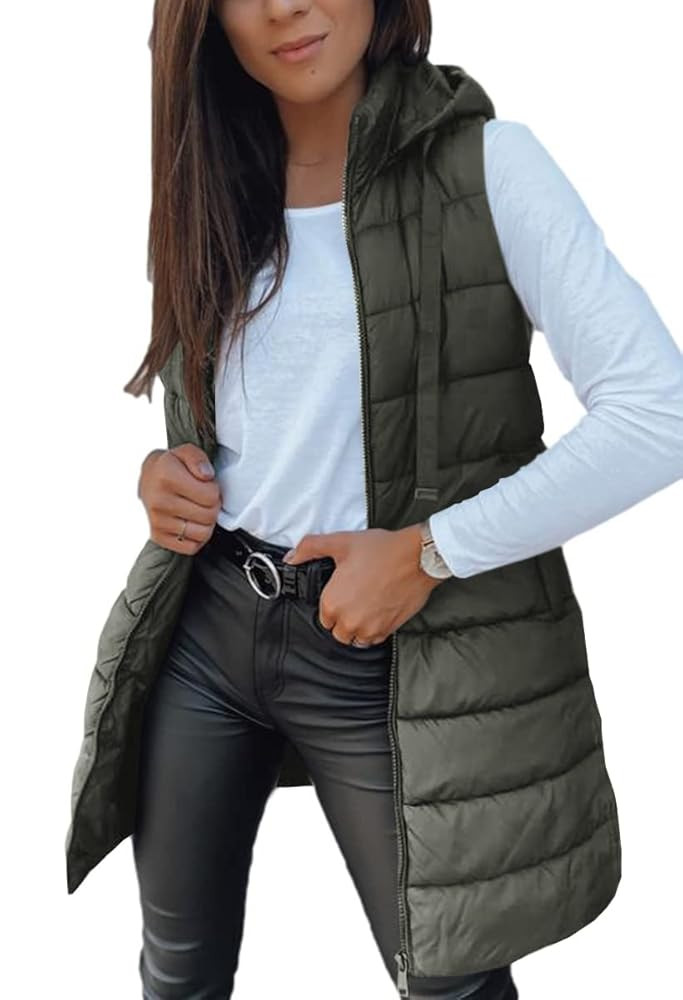 Veatzaer Women Long Vest Solid Color Sleeveless Hood Winter Puffer Vest Outwear | Amazon (US)