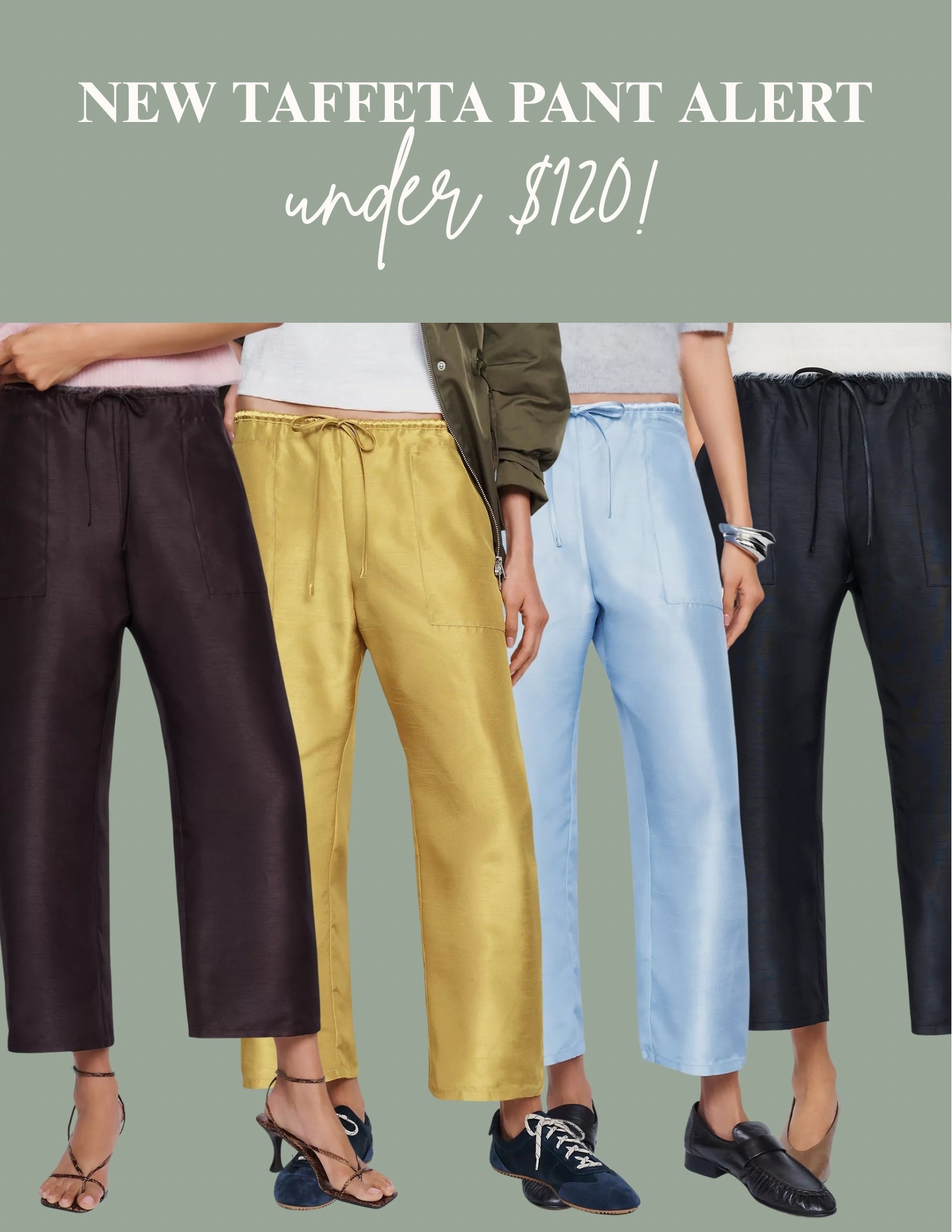 If you’ve been wanting in on the taffeta pant trend…here’s a great lower price point option! Under $120 and available in standard, petite, tall, and plus! So many good colors.
