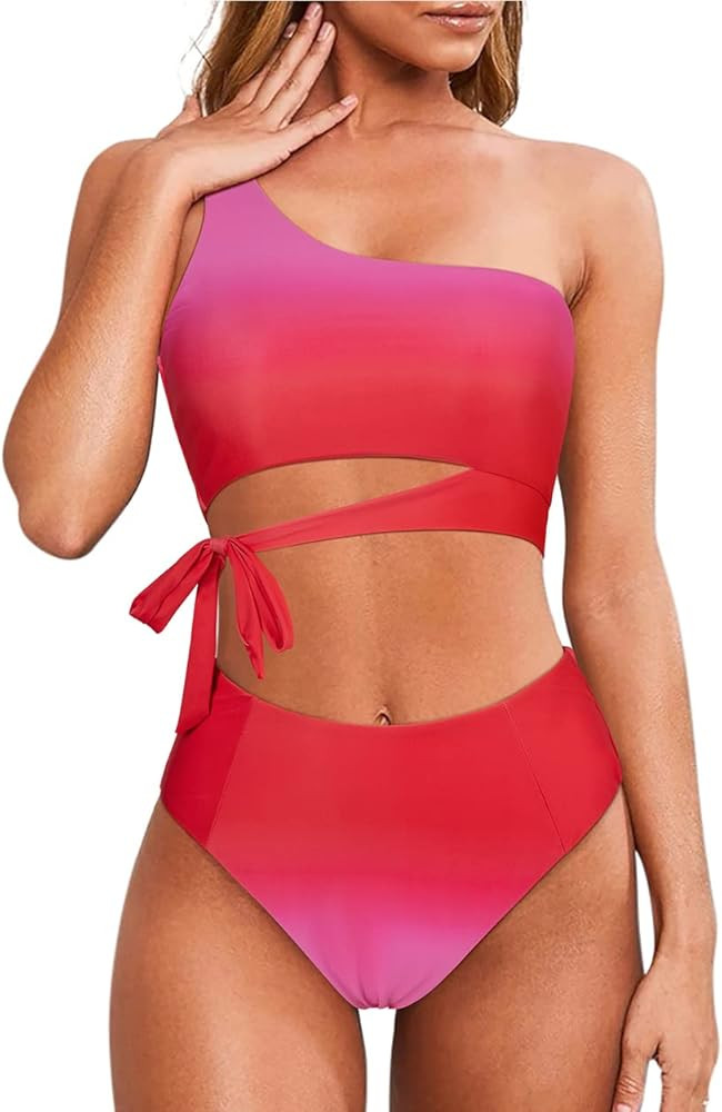 MOOSLOVER Women One Shoulder High Waisted Bikini Tie High Cut Two Piece Swimsuits | Amazon (US)