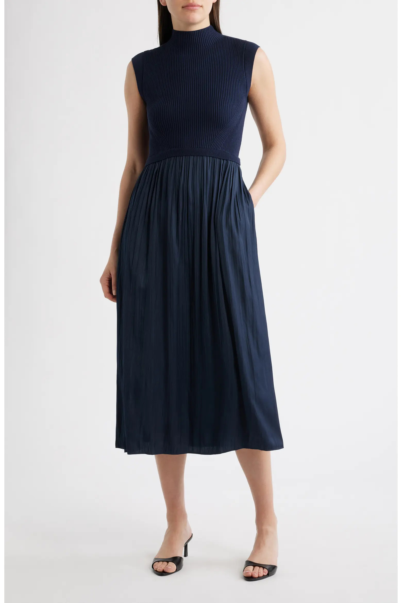 Mixed Media Rib Funnel Neck Midi Dress (Women) | Nordstrom | Nordstrom