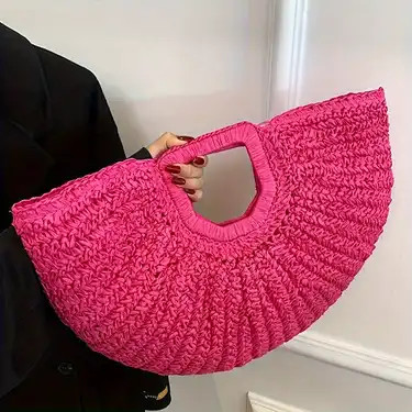 Solid Color Straw Woven Half Month Handbag Leisure Vacation - Temu | Temu Affiliate Program