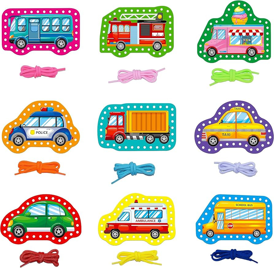 9 Pieces Kids Lacing Cards, Double Sided Sewing Cards in 9 Vehicle Cards with 9 Colorful Laces, I... | Amazon (US)