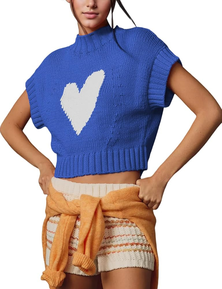 Womens Sweater Vest Mock Neck Cap Sleeve Sweater Tank Tops Cute Heart Knit Cropped Pullover Top | Amazon (US)