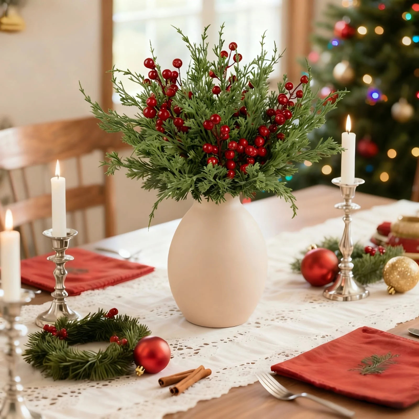 Scidweet 60 Pcs Christmas Greenery Decorations, Artificial Pine Branches with Red Berry Stems, Fa... | Walmart (US)