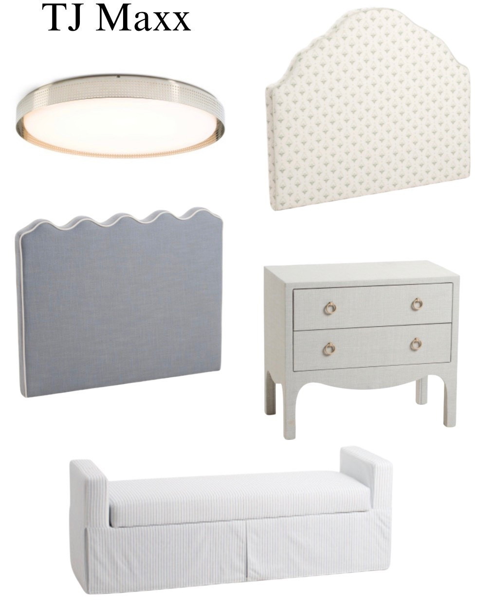 TJ Maxx, designer bedroom, decor, scalloped, blue, headboard, woven, nightstand, upholstered, striped bench, kids, room, guestroom, French, modern, coastal,Kelly wearstler flush mount light.

#LTKSaleAlert #LTKHome #LTKKids