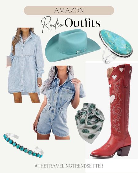 Amazon western fashion - Amazon rodeo outfit - Nashville denim romper cowboy hat cowboy boots - denim romper - turquoise 

#LTKfindsunder50 #LTKstyletip #LTKmidsize