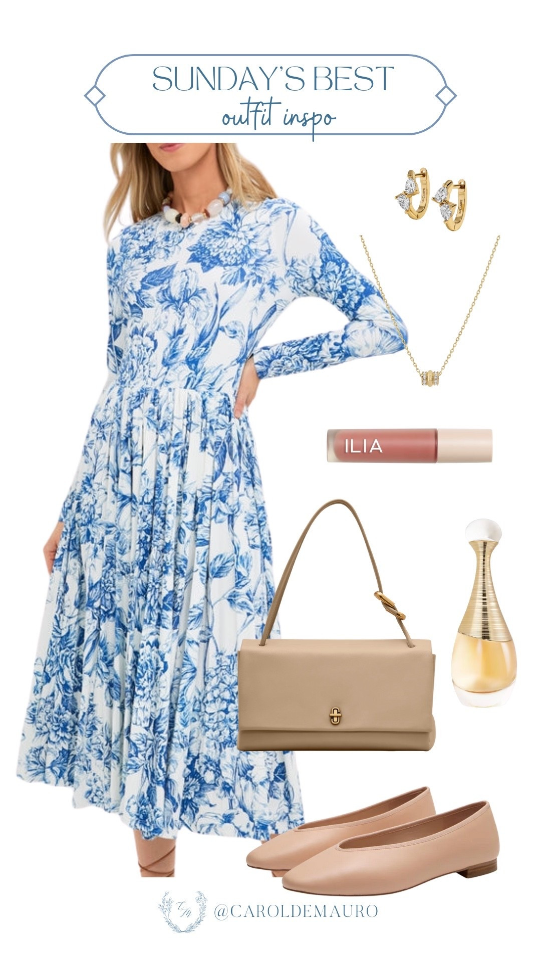 Match the season's color for your Sunday's best outfit! Love the blue floral long-sleeve midi dress paired with neutral ballet flats, and a shoulder bag. Also perfect as a transitional look.

church day outfit, dressy inspo, casual chic, weekend wardrobe, fashion accessories, minimalist aesthetic, modest look, classic style

#LTKU #LTKBeauty #LTKSeasonal