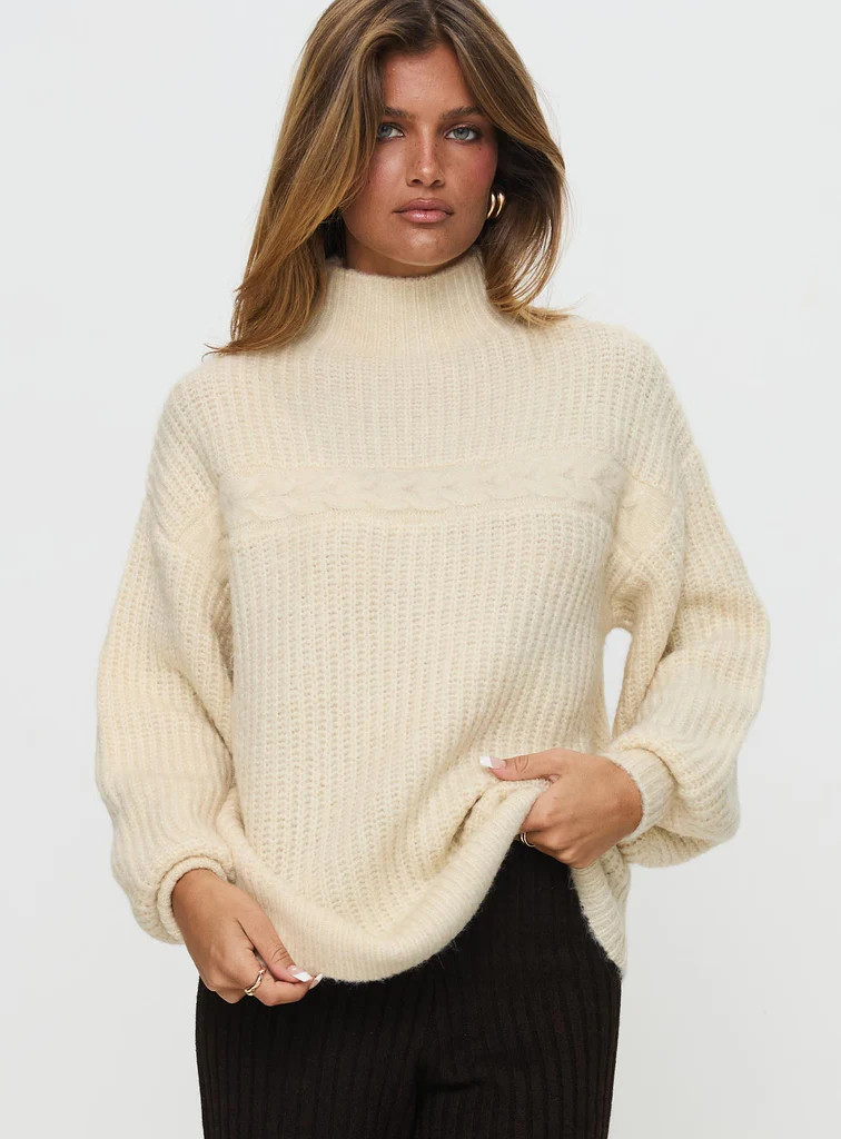 Wistfully Funnel Neck Knit Sweater Cream | Princess Polly US