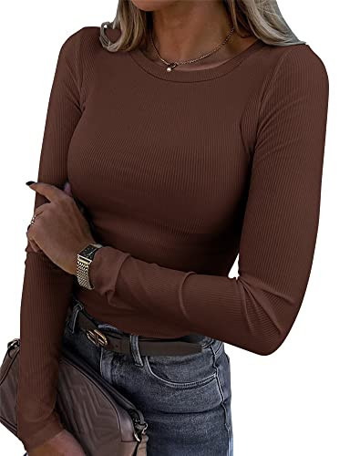 Roselux Womens Long Sleeve Stretch Crewneck Ribbed T-Shirt Fitted Casual Basic Tops(3922,Brown-L) | Amazon (US)