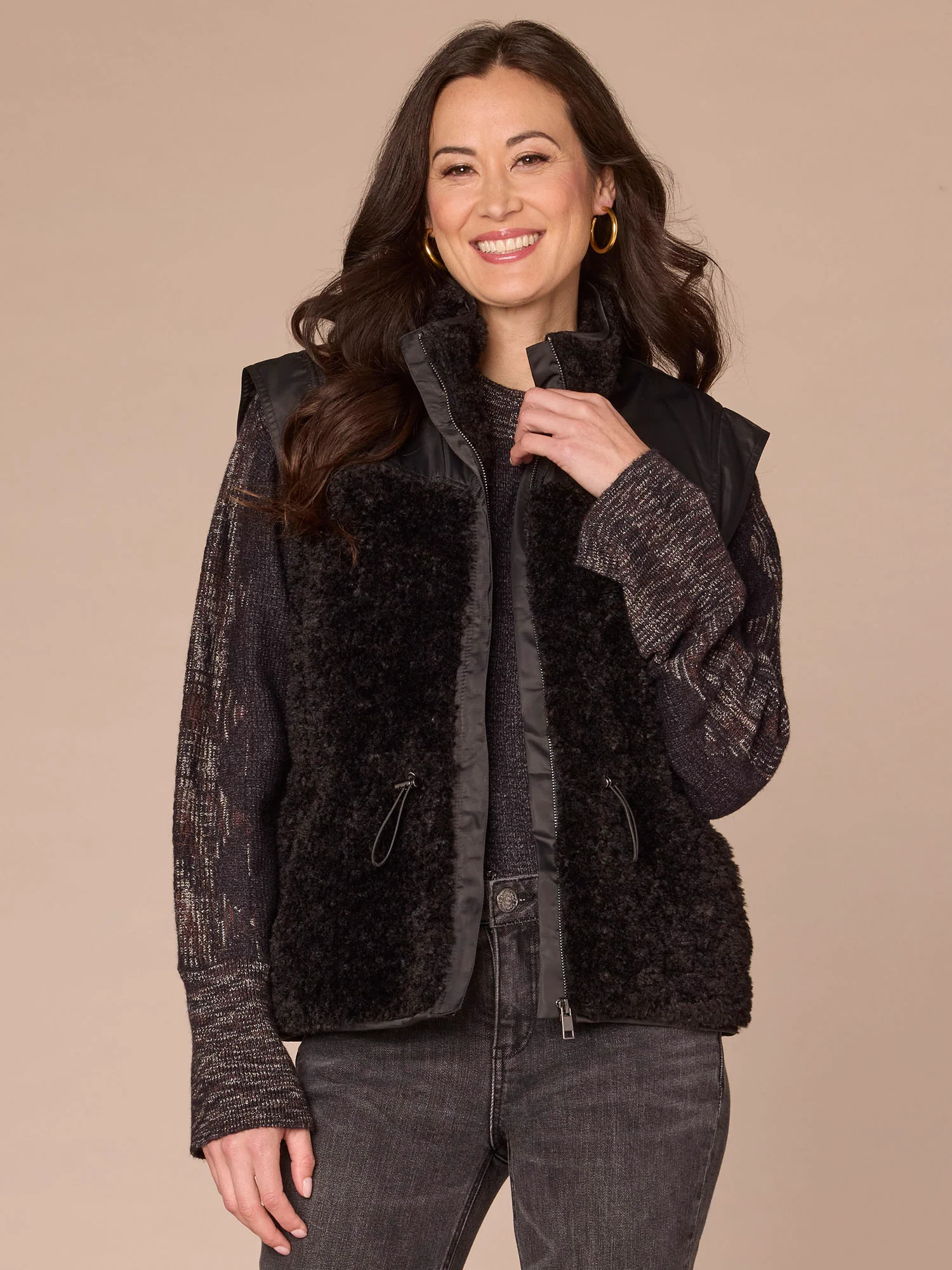 Funnel Neck Zip Front Toggle Waist Tie Contrast Mixed Media Knit Vest | Democracy Clothing