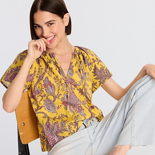 Collection tie-neck cotton poplin top in Ratti® golden paisley | J. Crew US