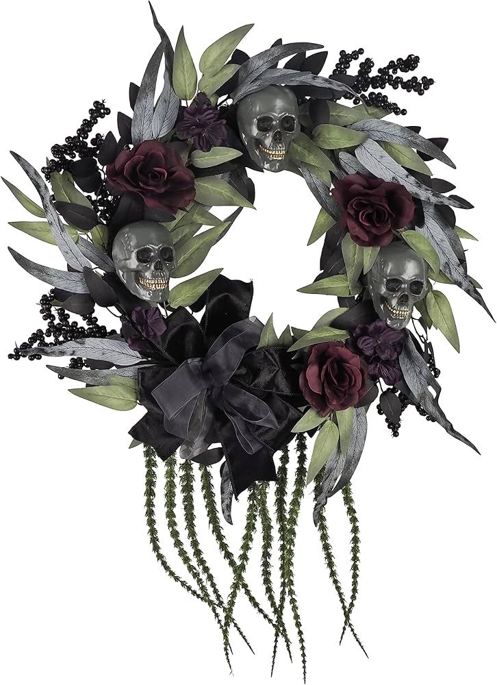 FLOROAD 24 inch Halloween Wreath, Skull Floral Large Door Wreath, Decorated with Darkness Skull R... | Amazon (US)