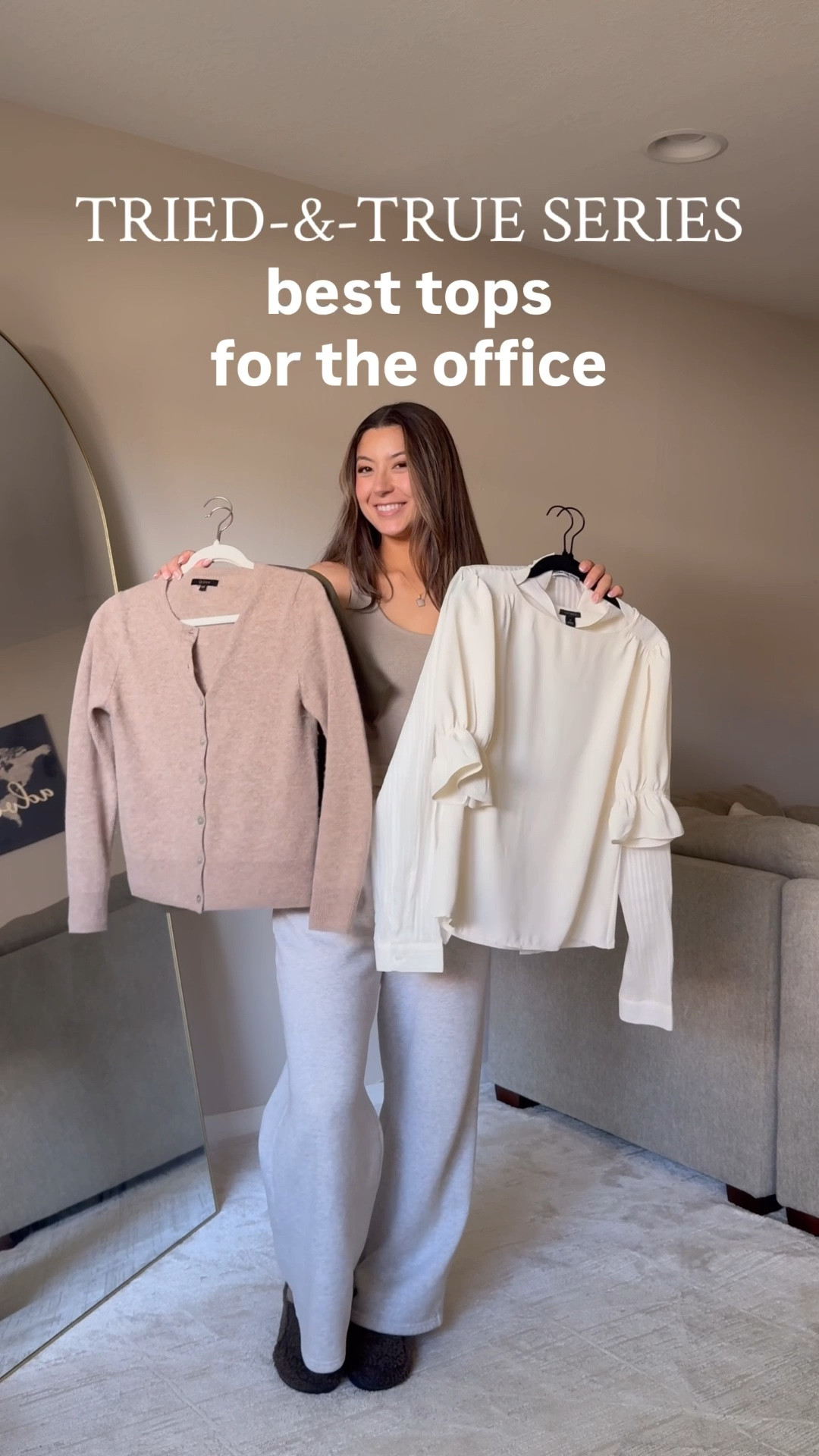 favorite tops for the office part 1 

#1 button ups - princess poly, these run SMALL! Size up at least once for sure, I’m wearing size 6 in both white and black and they are snug 
#2 - sweater top - Quince, size xs, I always use down in Quince 
#3 - silk button up - MM la fleur, I like button ups from everlane, Quince, and express for more affordable options 
#4 - cashmere cardigan - quince, size xs 

Abercrombie sloane trousers - I wear size 27 regular in curve love and they fit so well!
Aritzia trousers - I wear size 6 regular (run long to wear with heels) 

More details in each outfit post 

#LTKWorkwear