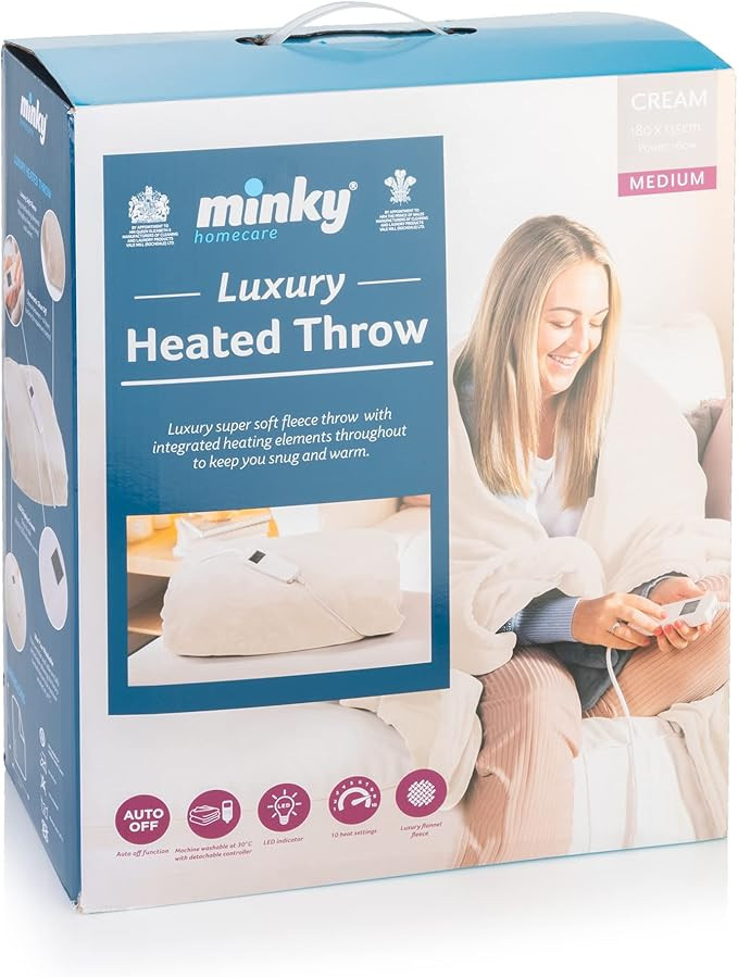 Minky Luxury Heated Throw | Cream | Luxury Fleece Fabric | Medium Size | 180x135cm | 10 Heat Sett... | Amazon (UK)
