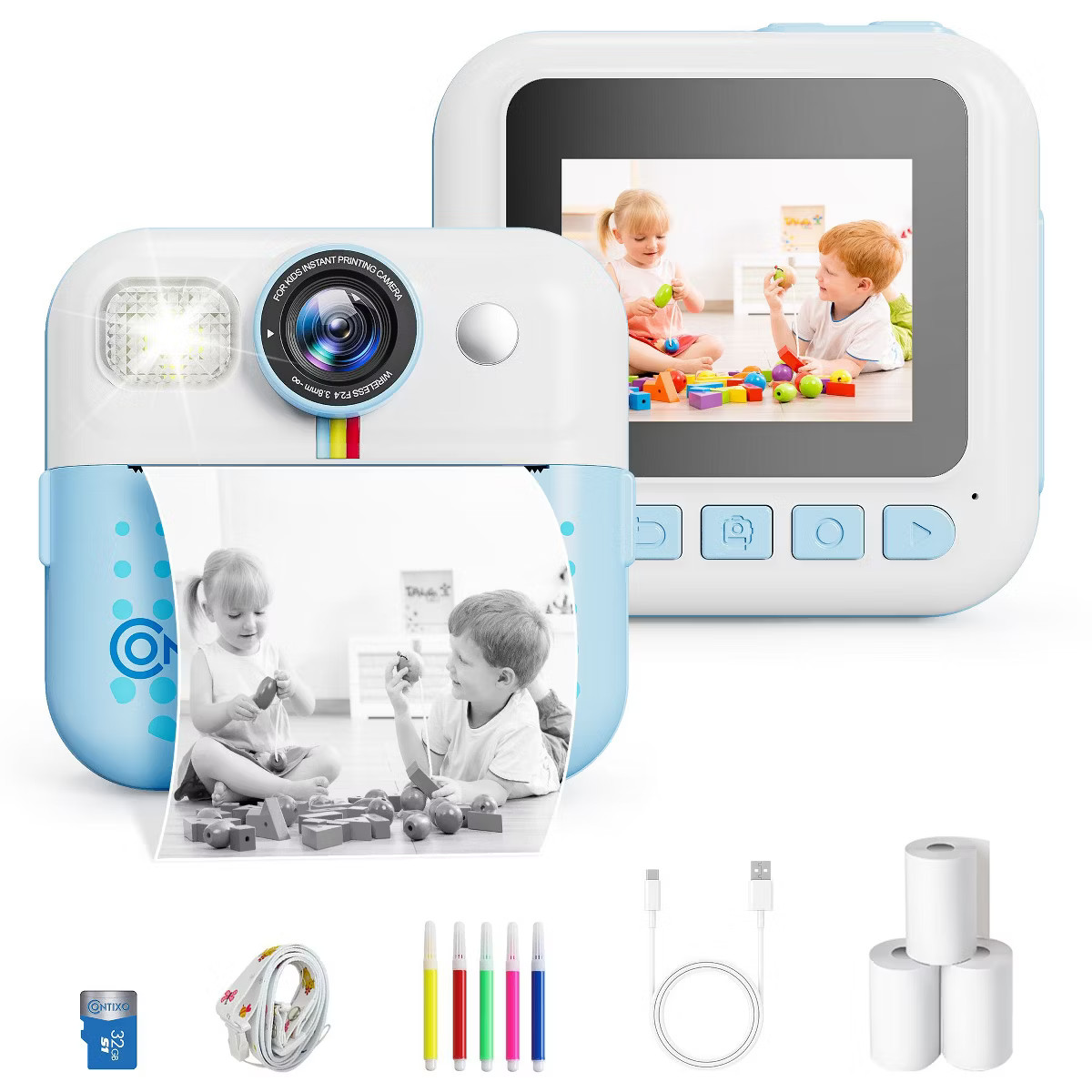 Contixo KC4 Kids Instant Print Camera, 2.4" Screen 1080P HD 16X Zoom MP3 & Games 32GB Card Digita... | Target