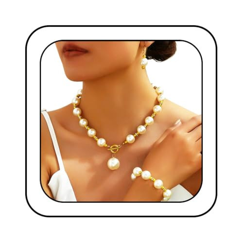 EVILD Pearl Necklaces and Gold Earring Set Chunky Jewelry Sets for Women | Amazon (US)