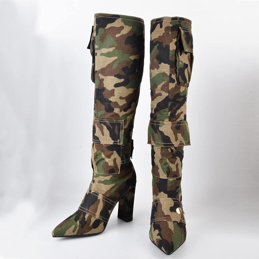 Arqa Women's Camo Knee High Boots Pointed Toe Block Heel Camouflage Boot with Metal Buttons Multiple Pockets Boot | Amazon (US)
