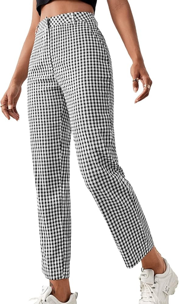 Milumia Women's Casual Plaid Elastic High Waisted Straight Leg Pants Long Trousers | Amazon (US)