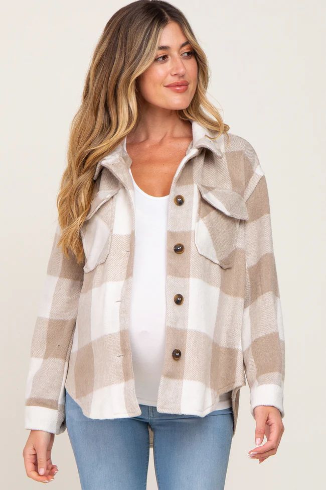 Beige Plaid Knit Maternity Shirt Jacket | PinkBlush Maternity