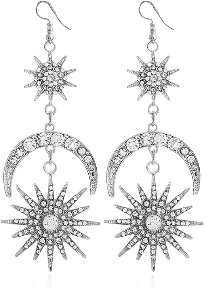 Exaggerated Luxury Sun Moon Stars Drop Earrings Rhinestone Punk Earrings for Women Jewelry Golden... | Amazon (US)