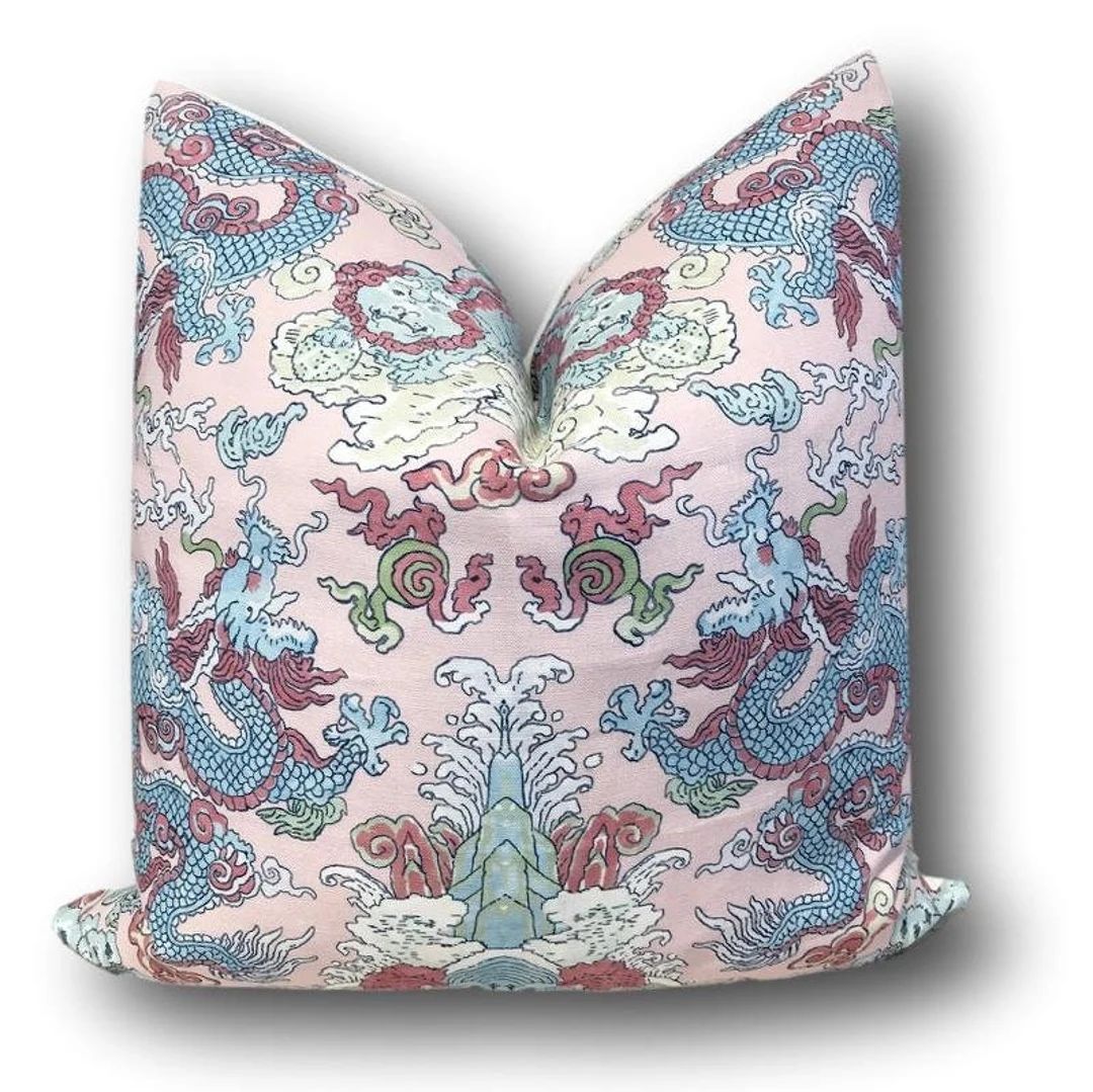 Schumacher Magic Mountain Dragon Pillow Cover W/ Ivory Linen Reverse Blue Pink Dragon Pillow Schu... | Etsy (US)