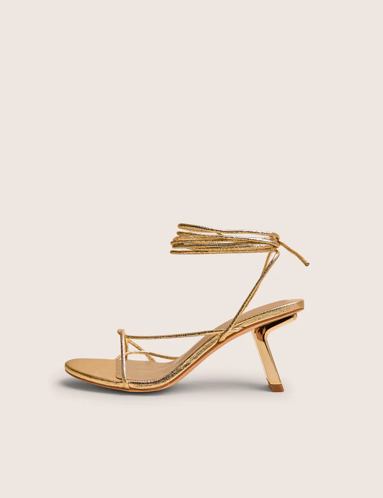 Birdie Gold Cracked Pu Lace Up Mid Heels | Public Desire