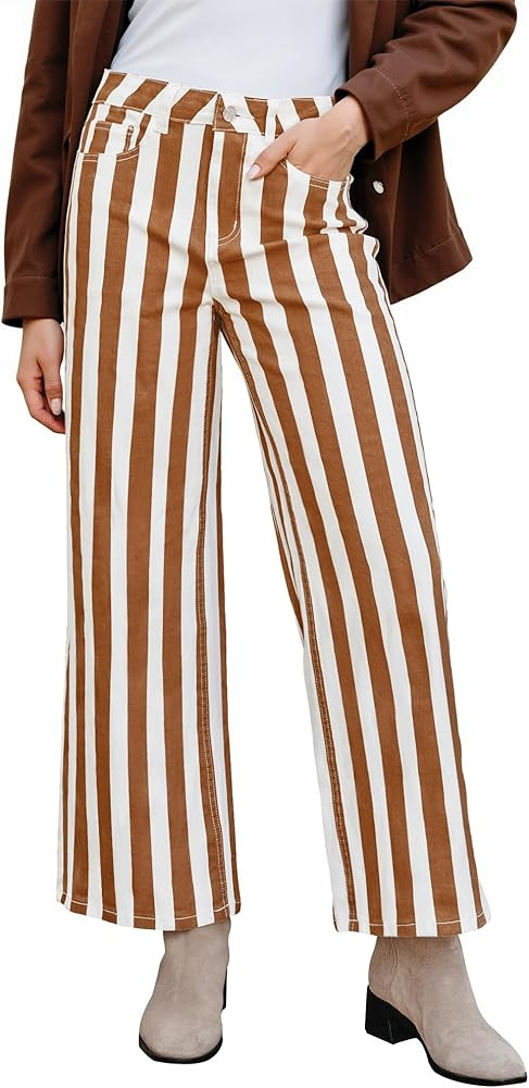 GRAPENT Women Jeans Striped Wide Leg High Waisted Trendy Stretchy Denim Pants Cute Casual Trouser... | Amazon (US)