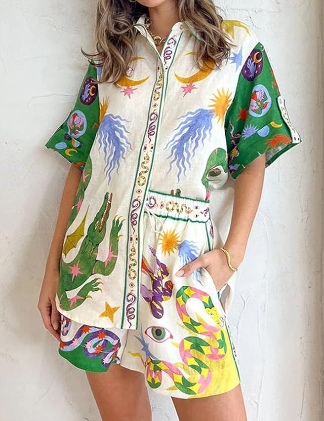 Peaceglad Women's Print 2 Piece Pajama Set Short Sleeve Button Down Tops Drawstring Shorts Lounge... | Amazon (US)