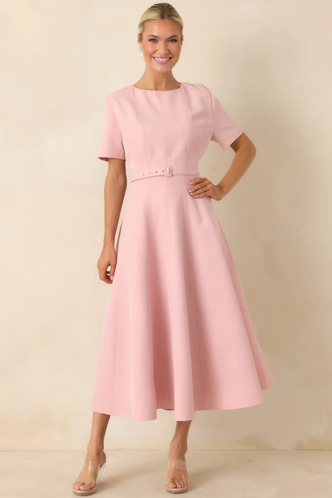 Put Together Perfectly Blush Pink Belted Midi Dress | Red Dress