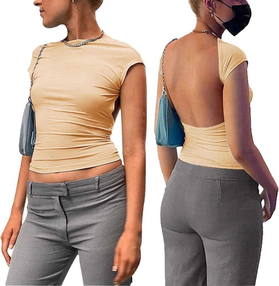 Women Backless Top Y2k Open Back Crop Top T Shirts Sexy Going Out Tops 2023 Summer Fashion | Amazon (US)