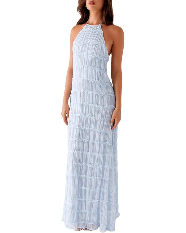Women Y2k Backless Long Dress Halter Tie Neck Maxi Dress Flowy Beach Sundress Summer Streetwear | Amazon (US)