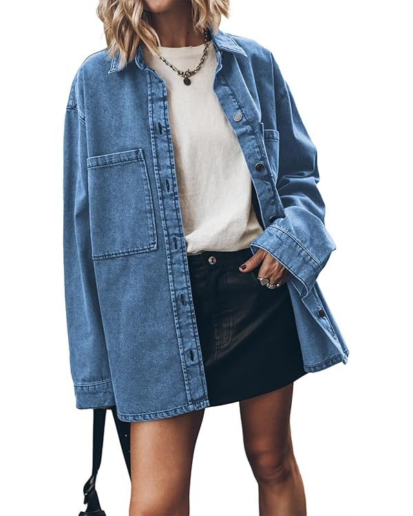 PLNOTME Womens Oversized Jean Jacket Casual Button Up Denim Overshirt Trendy Long Sleeve Denim Ja... | Amazon (US)