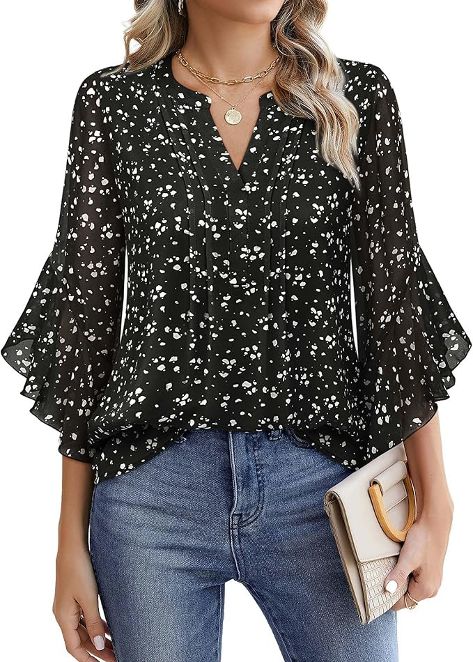 Timeson Women's 3/4 Sleeve Tops Dressy Casual Business Work Blouses Chiffon Office Shirts | Amazon (US)