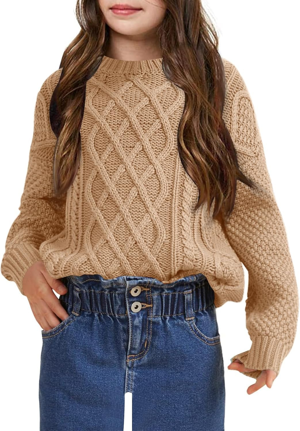 Girls Long Sleeve Cable Knit Sweater Crewneck Pullover Sweaters Kids Chunky Cute Fall Jumper Tops 5-14 | Amazon (US)