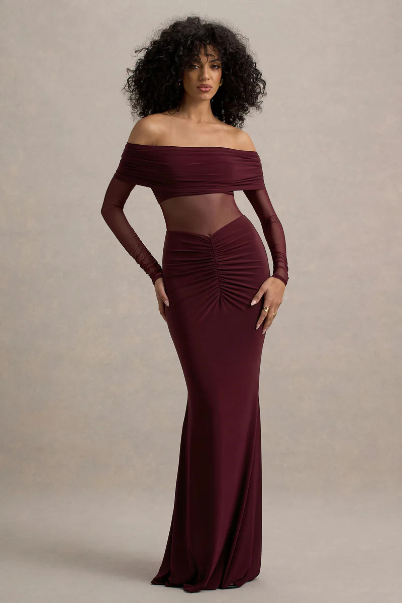 Ismeralda  Burgundy Mesh Ruched Bardot Maxi Dress | Club L London